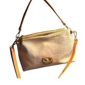 Valentina Crocodile Print Neutral Tan Crossbody Italian Leather Handbag Purse